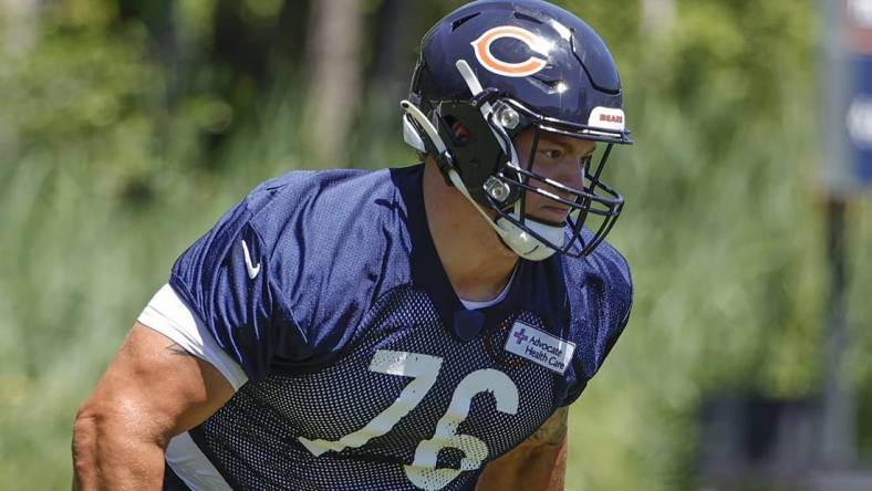 Jun 16, 2021; Lake Forest, Illinois, USA; Chicago Bears Teven Jenkins in action during minicamp at Halas Hall. Mandatory Credit: Kamil Krzaczynski-USA TODAY Sports