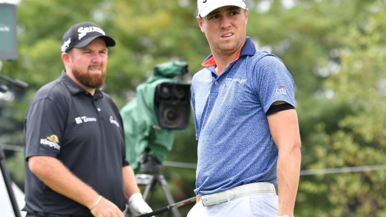 Justin Thomas (right) and Shane Lowry are among the notable names outside the current PGA playoff picture. Mandatory Credit: Mark Konezny-USA TODAY Sports