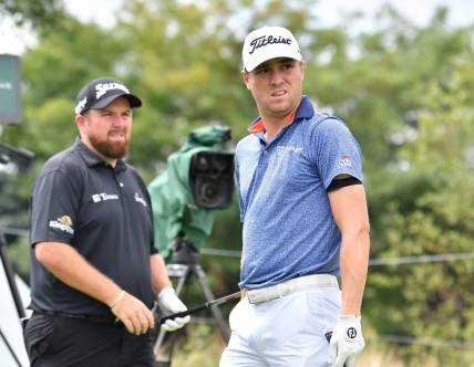 Justin Thomas (right) and Shane Lowry are among the notable names outside the current PGA playoff picture. Mandatory Credit: Mark Konezny-USA TODAY Sports