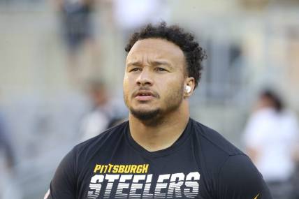 Aug 21, 2021; Pittsburgh, Pennsylvania, USA;  Pittsburgh Steelers guard Kendrick Green (53) looks on during warm ups against the Detroit Lions at Heinz Field. Mandatory Credit: Charles LeClaire-USA TODAY Sports