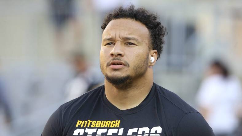 Aug 21, 2021; Pittsburgh, Pennsylvania, USA;  Pittsburgh Steelers guard Kendrick Green (53) looks on during warm ups against the Detroit Lions at Heinz Field. Mandatory Credit: Charles LeClaire-USA TODAY Sports