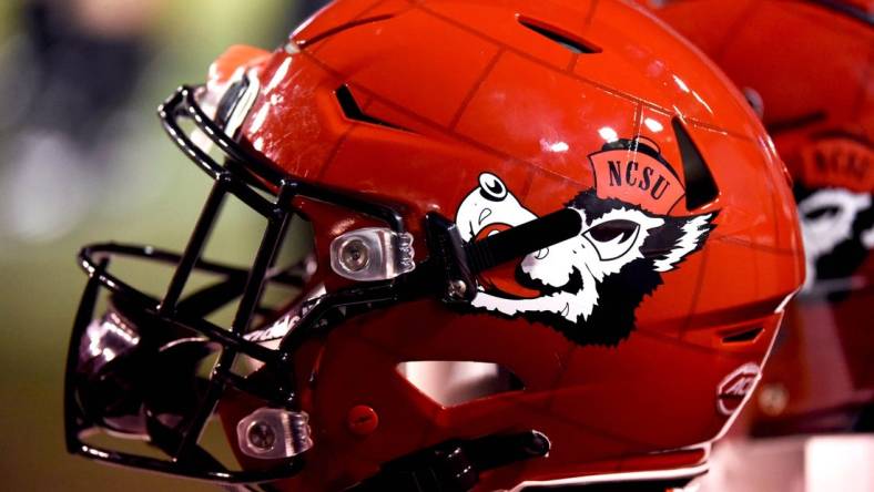 Sep 2, 2021; Raleigh, North Carolina, USA; A general view of the North Carolina State Wolfpack alternative helmet during the second half against the South Florida Bulls at Carter-Finley Stadium. Mandatory Credit: Rob Kinnan-USA TODAY Sports