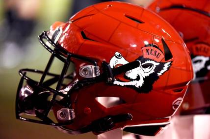Sep 2, 2021; Raleigh, North Carolina, USA; A general view of the North Carolina State Wolfpack alternative helmet during the second half against the South Florida Bulls at Carter-Finley Stadium. Mandatory Credit: Rob Kinnan-USA TODAY Sports
