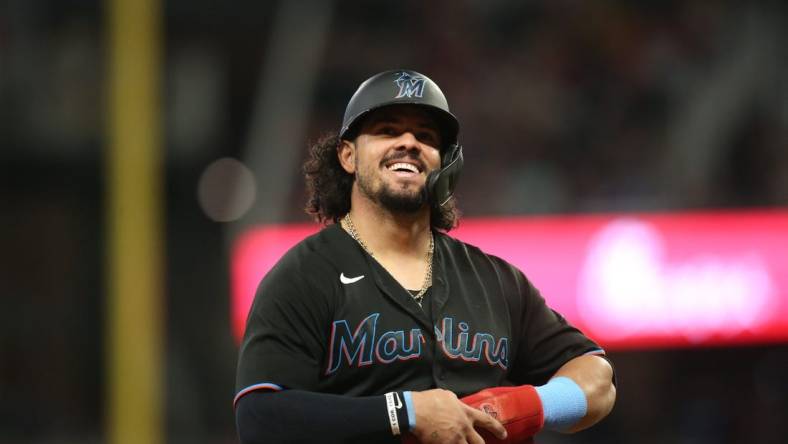 Sep 10, 2021; Atlanta, Georgia, USA; Miami Marlins catcher Jorge Alfaro (38) shows emotion against the Atlanta Braves in the third inning at Truist Park. Mandatory Credit: Brett Davis-USA TODAY Sports