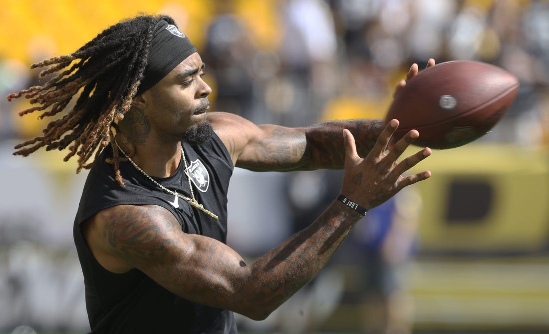 Sep 19, 2021; Pittsburgh, Pennsylvania, USA;  Las Vegas Raiders cornerback Damon Arnette (20) warms up before the game against the Pittsburgh Steelers at Heinz Field. Mandatory Credit: Charles LeClaire-USA TODAY Sports