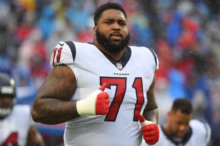 Oct 3, 2021; Orchard Park, New York, USA; Houston Texans offensive tackle Tytus Howard (71) prior to the game against the Buffalo Bills at Highmark Stadium. Mandatory Credit: Rich Barnes-USA TODAY Sports
