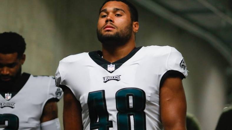 Oct 31, 2021; Detroit, Michigan, USA; Philadelphia Eagles linebacker Patrick Johnson (48) walks through the tunnel to the field before the game against the Detroit Lions at Ford Field. Mandatory Credit: Raj Mehta-USA TODAY Sports