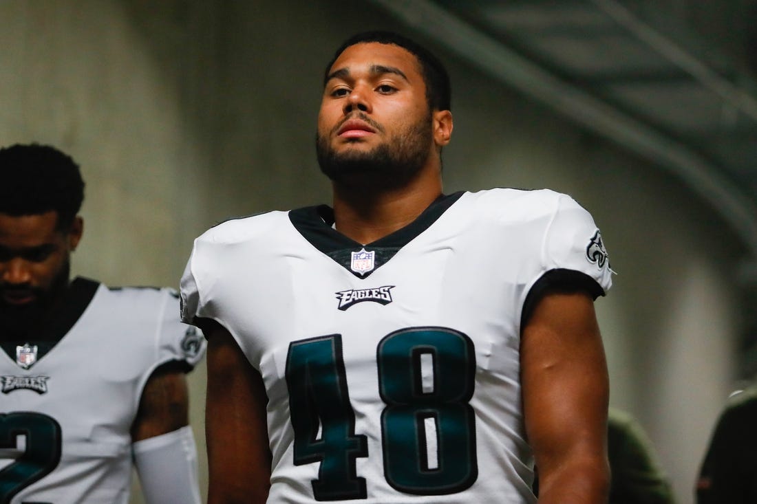 Oct 31, 2021; Detroit, Michigan, USA; Philadelphia Eagles linebacker Patrick Johnson (48) walks through the tunnel to the field before the game against the Detroit Lions at Ford Field. Mandatory Credit: Raj Mehta-USA TODAY Sports