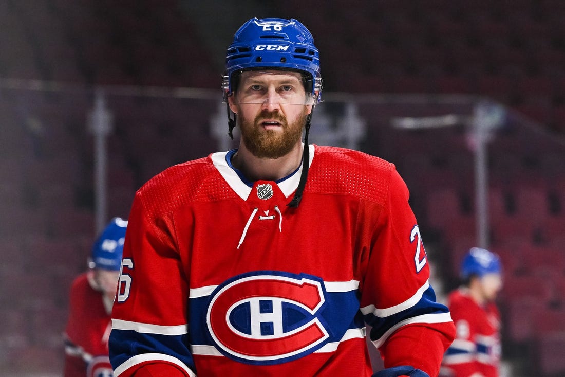 Jan 30, 2022; Montreal, Quebec, CAN; Montreal Canadiens defenseman Jeff Petry (26) during warm-up at Bell Centre. Mandatory Credit: David Kirouac-USA TODAY Sports