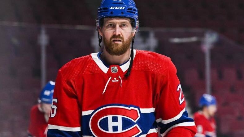 Jan 30, 2022; Montreal, Quebec, CAN; Montreal Canadiens defenseman Jeff Petry (26) during warm-up at Bell Centre. Mandatory Credit: David Kirouac-USA TODAY Sports