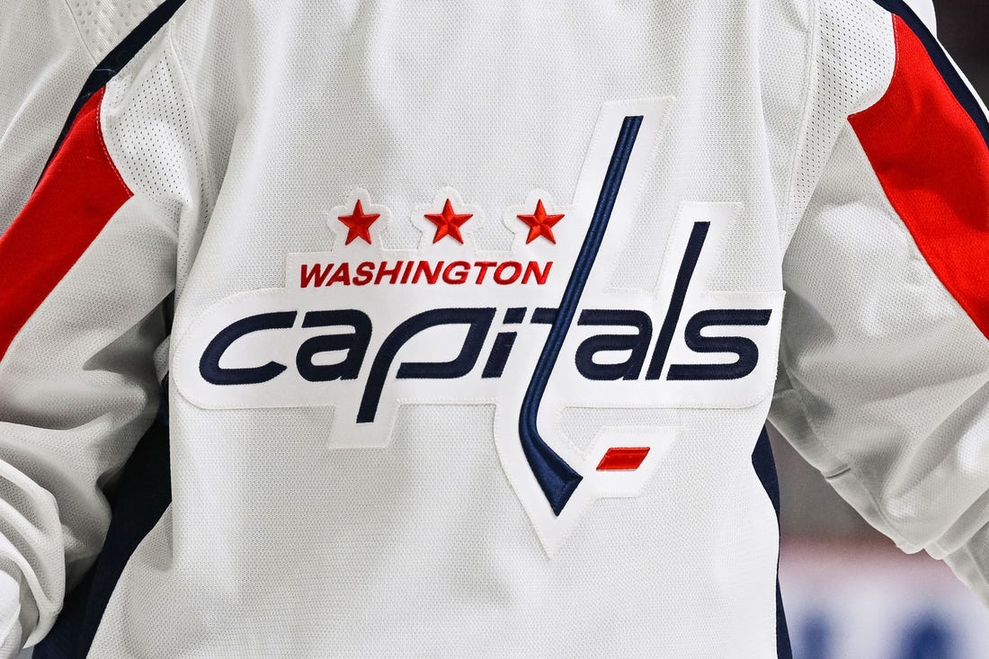 Feb 10, 2022; Montreal, Quebec, CAN; A view of the Washington Capitals logo worn by a member of the team during the second period at Bell Centre. Mandatory Credit: David Kirouac-USA TODAY Sports