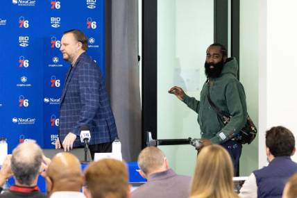 Feb 15, 2022; Camden, NJ, USA; Philadelphia 76ers guard James Harden (R) and president of basketball operations Daryl Morey (L) enter a press conference at Philadelphia 76ers Training Complex. Mandatory Credit: Bill Streicher-USA TODAY Sports