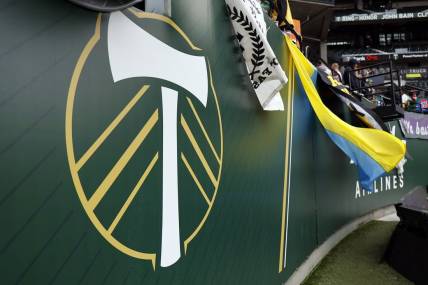 Apr 3, 2022; Portland, Oregon, USA; A view of the Portland Timbers logo before the game against the LA Galaxy at Providence Park. Mandatory Credit: Soobum Im-USA TODAY Sports