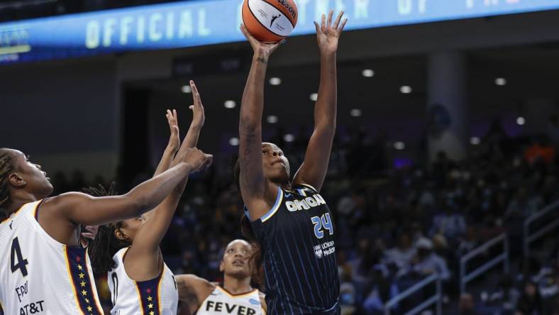 May 24, 2022; Chicago, Illinois, USA; Chicago Sky forward Ruthy Hebard (24) shoots against the Indiana Fever during the first half at Wintrust Arena. Mandatory Credit: Kamil Krzaczynski-USA TODAY Sports