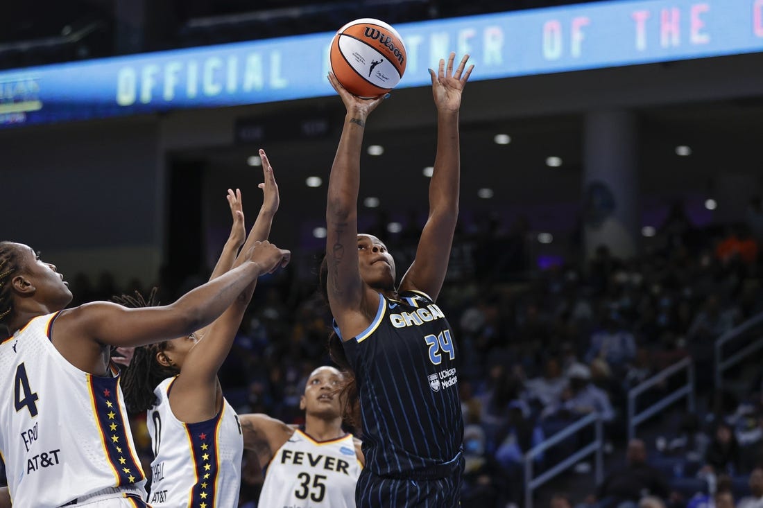 May 24, 2022; Chicago, Illinois, USA; Chicago Sky forward Ruthy Hebard (24) shoots against the Indiana Fever during the first half at Wintrust Arena. Mandatory Credit: Kamil Krzaczynski-USA TODAY Sports