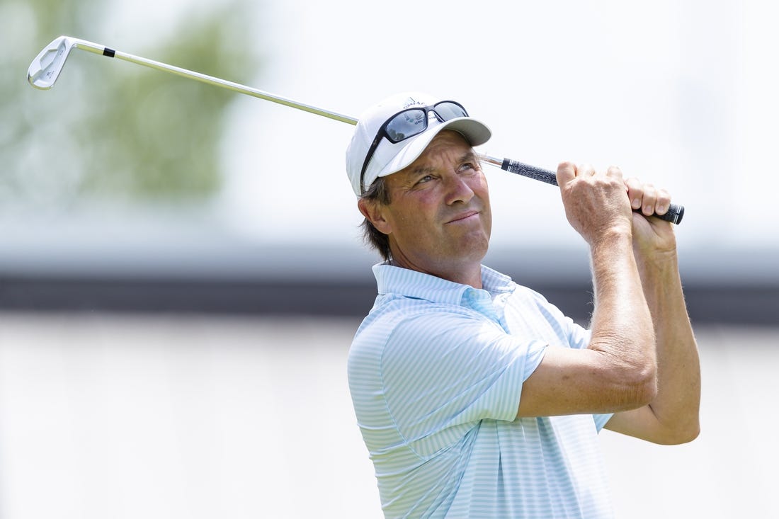 May 29, 2022; Benton Harbor, Michigan, USA; Stephen Ames tees off on the second hole during the final round of the 2022 KitchenAid Senior PGA Championship at Harbor Shores. Mandatory Credit: Raj Mehta-USA TODAY Sports