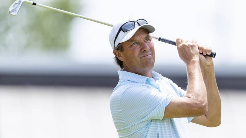 May 29, 2022; Benton Harbor, Michigan, USA; Stephen Ames tees off on the second hole during the final round of the 2022 KitchenAid Senior PGA Championship at Harbor Shores. Mandatory Credit: Raj Mehta-USA TODAY Sports