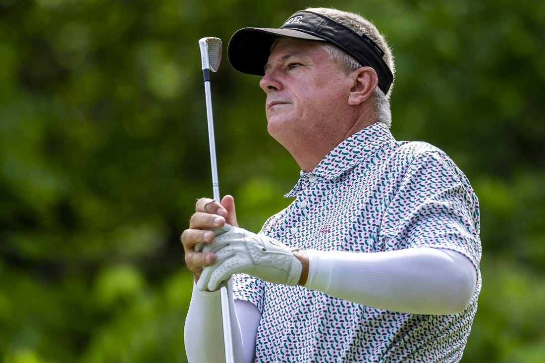 May 29, 2022; Benton Harbor, Michigan, USA; Paul Goydos hits his tee shot on the thirteenth hole during the final round of the 2022 KitchenAid Senior PGA Championship at Harbor Shores. Mandatory Credit: Raj Mehta-USA TODAY Sports