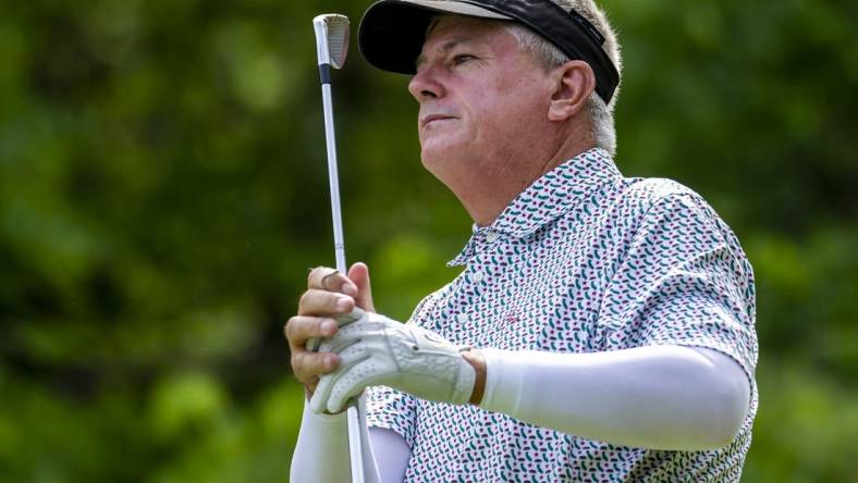 May 29, 2022; Benton Harbor, Michigan, USA; Paul Goydos hits his tee shot on the thirteenth hole during the final round of the 2022 KitchenAid Senior PGA Championship at Harbor Shores. Mandatory Credit: Raj Mehta-USA TODAY Sports