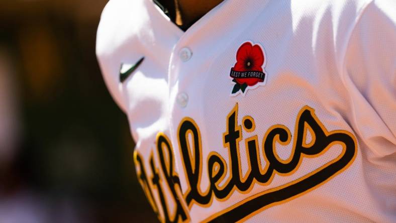 May 30, 2022; Oakland, California, USA Oakland Athletics displays an embroidered logo on their jerseys before the start of the first inning against the Houston Astros at RingCentral Coliseum. Mandatory Credit: Stan Szeto-USA TODAY Sports