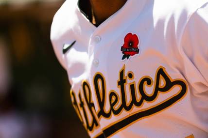 May 30, 2022; Oakland, California, USA Oakland Athletics displays an embroidered logo on their jerseys before the start of the first inning against the Houston Astros at RingCentral Coliseum. Mandatory Credit: Stan Szeto-USA TODAY Sports