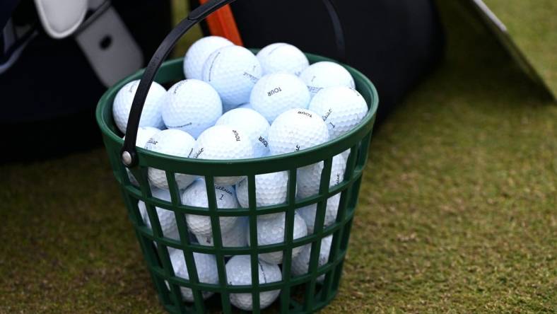 Jun 19, 2022; Brookline, Massachusetts, USA; A general view of a bucket of balls at the practice area during the final round of the U.S. Open golf tournament. Mandatory Credit: Bob DeChiara-USA TODAY Sports