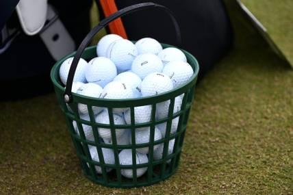 Jun 19, 2022; Brookline, Massachusetts, USA; A general view of a bucket of balls at the practice area during the final round of the U.S. Open golf tournament. Mandatory Credit: Bob DeChiara-USA TODAY Sports