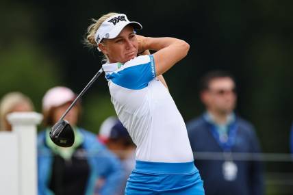 Jun 23, 2022; Bethesda, Maryland, USA; Ryann O'Toole plays her shot from the 16th tee during the first round of the KPMG Women's PGA Championship golf tournament at Congressional Country Club. Mandatory Credit: Scott Taetsch-USA TODAY Sports