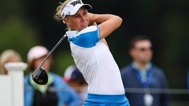 Jun 23, 2022; Bethesda, Maryland, USA; Ryann O'Toole plays her shot from the 16th tee during the first round of the KPMG Women's PGA Championship golf tournament at Congressional Country Club. Mandatory Credit: Scott Taetsch-USA TODAY Sports