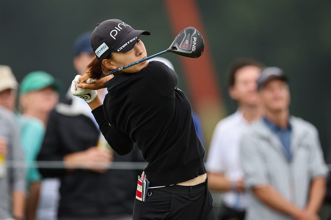 Jun 23, 2022; Bethesda, Maryland, USA; Hinako Shibuno plays her shot from the 16th tee during the first round of the KPMG Women's PGA Championship golf tournament at Congressional Country Club. Mandatory Credit: Scott Taetsch-USA TODAY Sports