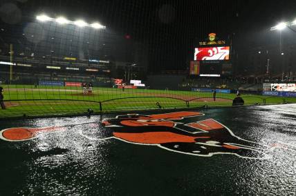 Jun 22, 2022; Baltimore, Maryland, USA;  A detail view of the Baltimore Orioles logo on top of the home dugout during the game Washington Nationals d at Oriole Park at Camden Yards. Baltimore Orioles defeated Washington Nationals 7-0 in a rain shorten game. Mandatory Credit: Tommy Gilligan-USA TODAY Sports