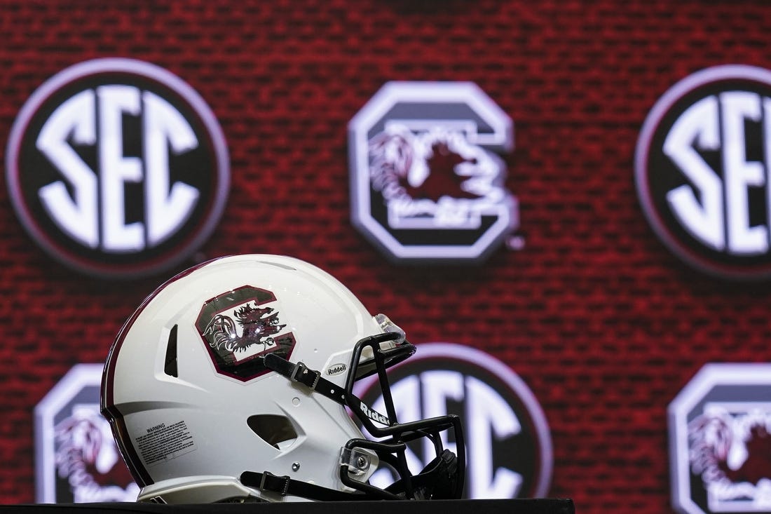 Jul 19, 2022; Atlanta, GA, USA; The South Carolina helmet on the stage during SEC Media Days at the College Football Hall of Fame. Mandatory Credit: Dale Zanine-USA TODAY Sports