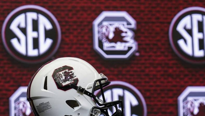 Jul 19, 2022; Atlanta, GA, USA; The South Carolina helmet on the stage during SEC Media Days at the College Football Hall of Fame. Mandatory Credit: Dale Zanine-USA TODAY Sports