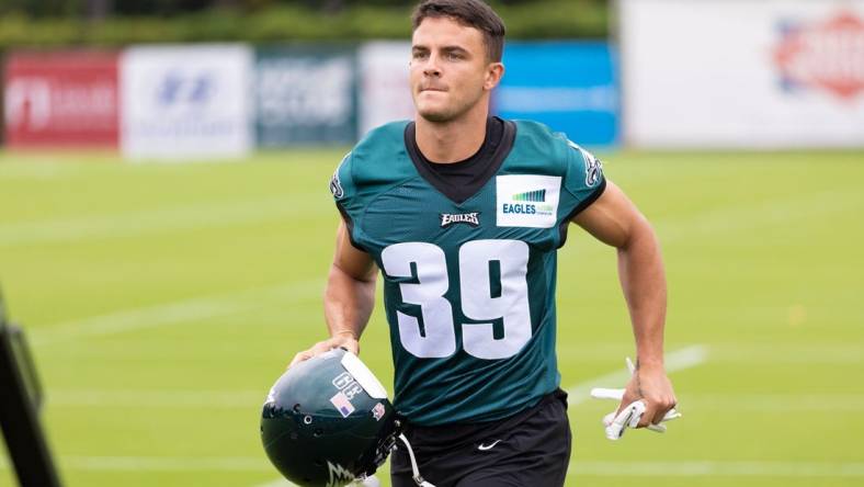 Jul 29, 2022; Philadelphia, PA, USA; Philadelphia Eagles wide receiver Devon Allen (39) during training camp at NovaCare Complex. Mandatory Credit: Bill Streicher-USA TODAY Sports