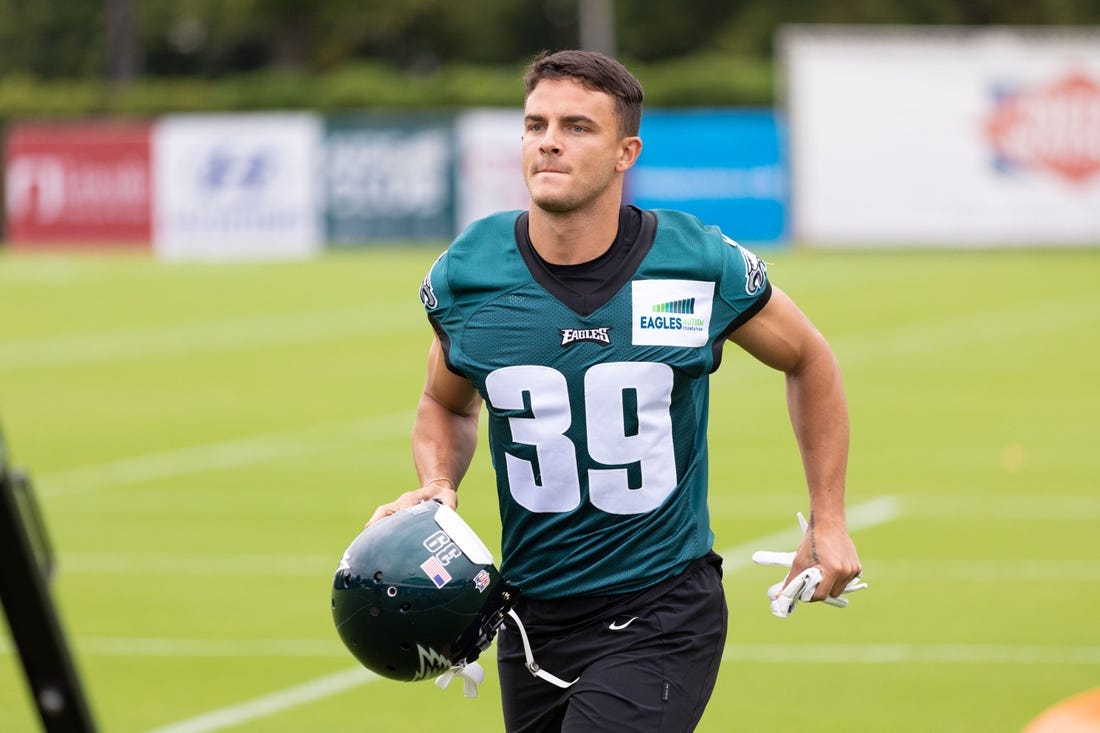 Jul 29, 2022; Philadelphia, PA, USA; Philadelphia Eagles wide receiver Devon Allen (39) during training camp at NovaCare Complex. Mandatory Credit: Bill Streicher-USA TODAY Sports