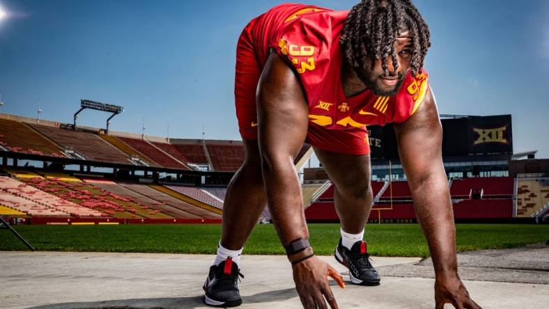 Isaiah Lee stands for a photo during Iowa State Football media day at Jack Trice Stadium in Ames, Tuesday, Aug. 2, 2022.