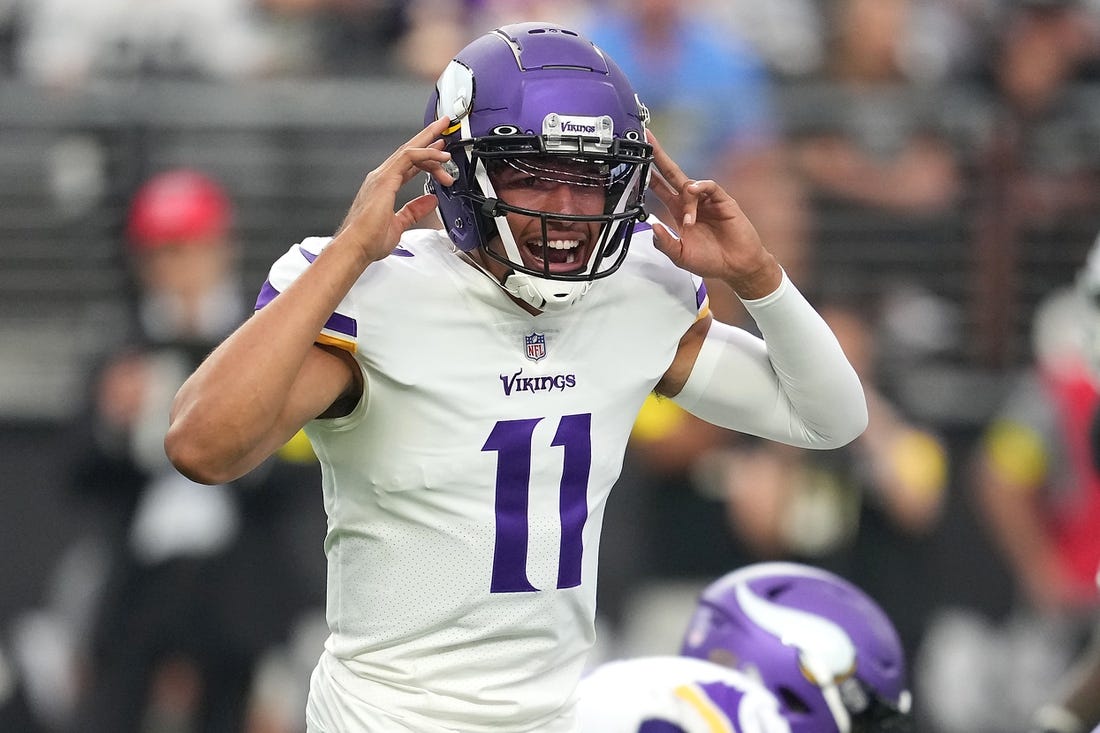 Aug 14, 2022; Paradise, Nevada, USA; Minnesota Vikings quarterback Kellen Mond (11) calls a play before snapping the ball against the Las Vegas Raiders during a preseason game at Allegiant Stadium. Mandatory Credit: Stephen R. Sylvanie-USA TODAY Sports