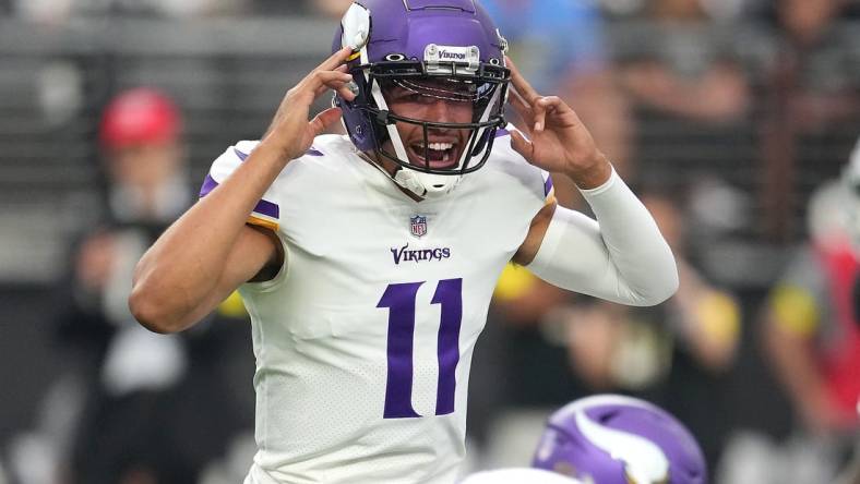 Aug 14, 2022; Paradise, Nevada, USA; Minnesota Vikings quarterback Kellen Mond (11) calls a play before snapping the ball against the Las Vegas Raiders during a preseason game at Allegiant Stadium. Mandatory Credit: Stephen R. Sylvanie-USA TODAY Sports