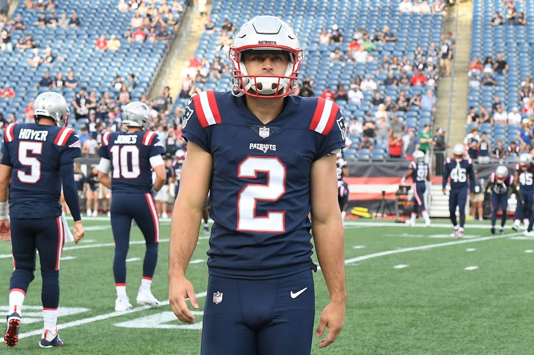 Aug 11, 2022; Foxborough, Massachusetts, USA; New England Patriots place kicker Tristan Vizcaino (2) warms up before a preseason game against the New York Giants at Gillette Stadium. Mandatory Credit: Eric Canha-USA TODAY Sports