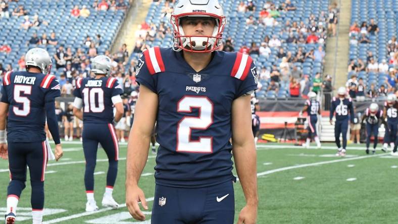 Aug 11, 2022; Foxborough, Massachusetts, USA; New England Patriots place kicker Tristan Vizcaino (2) warms up before a preseason game against the New York Giants at Gillette Stadium. Mandatory Credit: Eric Canha-USA TODAY Sports