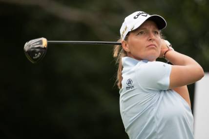 Aug 25, 2022; Ottawa, Ontario, CAN; Perrine Delacour of France tees off during the first round of the CP Women's Open golf tournament. Mandatory Credit: Marc DesRosiers-USA TODAY Sports