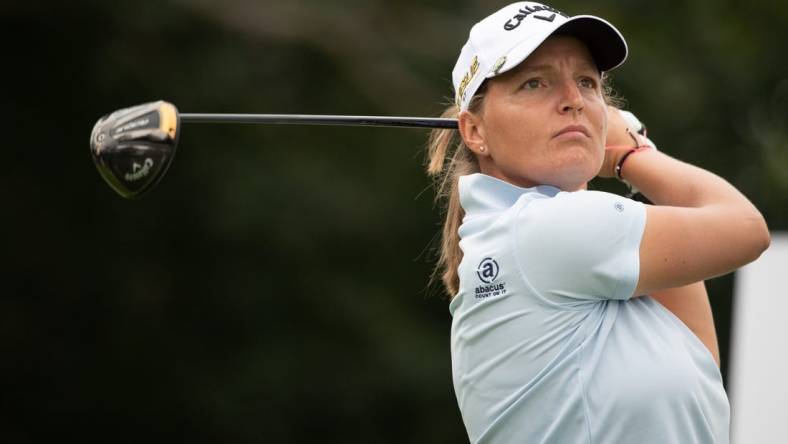 Aug 25, 2022; Ottawa, Ontario, CAN; Perrine Delacour of France tees off during the first round of the CP Women's Open golf tournament. Mandatory Credit: Marc DesRosiers-USA TODAY Sports