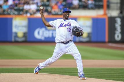 Aug 27, 2022; New York City, New York, USA;  Former Major League Baseball pitcher Dwight Gooden pitches at the New York Mets Old Timers Day game at Citi Field. Mandatory Credit: Wendell Cruz-USA TODAY Sports
