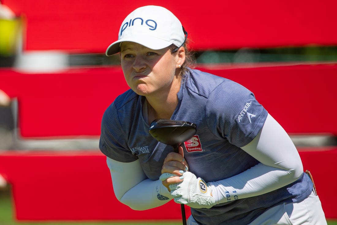 Aug 27, 2022; Ottawa, Ontario, CAN; Ally Ewing from the United States follows the ball after teeing off from the 10th hole during the third round of the CP Women's Open golf tournament. Mandatory Credit: Marc DesRosiers-USA TODAY Sports