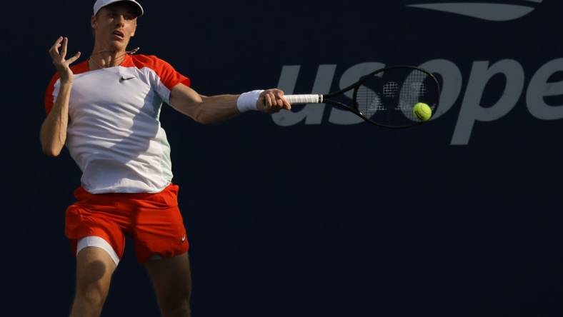 Sep 3, 2022; Flushing, NY, USA; Denis Shapovalov (CAN) hits a forehand against Andrey Rublev hits a backhand against Denis Shapovalov (CAN) (not pictured) on day six of the 2022 U.S. Open tennis tournament at USTA Billie Jean King Tennis Center. Mandatory Credit: Geoff Burke-USA TODAY Sports