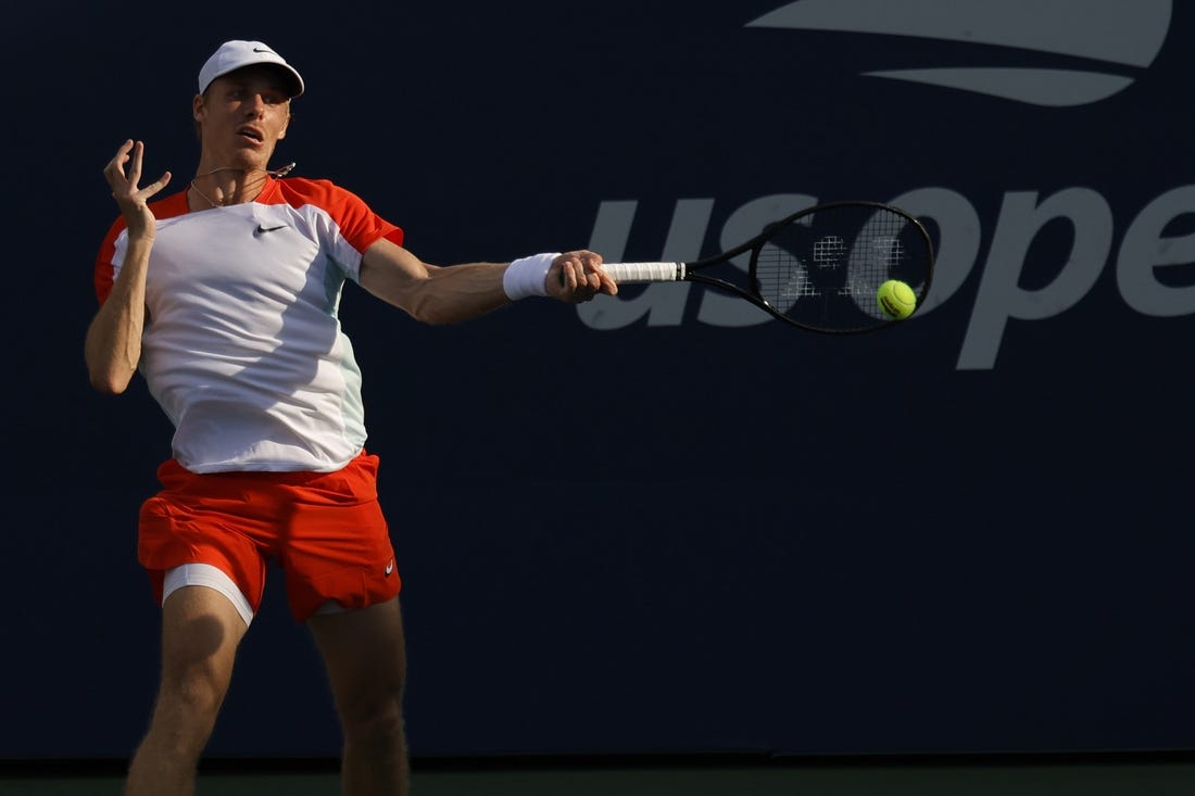 Sep 3, 2022; Flushing, NY, USA; Denis Shapovalov (CAN) hits a forehand against Andrey Rublev hits a backhand against Denis Shapovalov (CAN) (not pictured) on day six of the 2022 U.S. Open tennis tournament at USTA Billie Jean King Tennis Center. Mandatory Credit: Geoff Burke-USA TODAY Sports