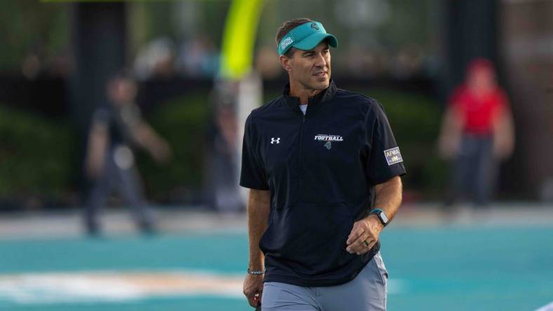 Sep 3, 2022; Conway, South Carolina, USA; Coastal Carolina Chanticleers head coach Jamey Chadwell during warmups prior to a game against the Army Black Knights at Brooks Stadium. Mandatory Credit: David Yeazell-USA TODAY Sports