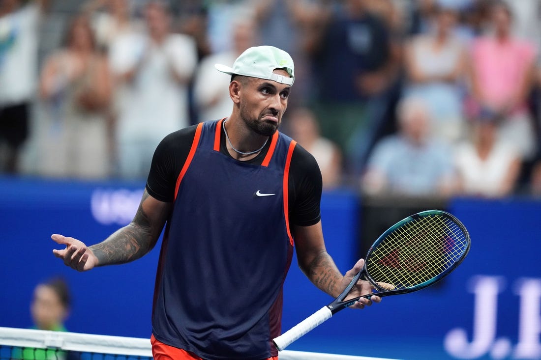 Sep 4, 2022; Flushing, NY, USA; Nick Kyrgios of Australia reacts to defeating Daniil Medvedev on day seven of the 2022 U.S. Open tennis tournament at USTA Billie Jean King Tennis Center. Mandatory Credit: Danielle Parhizkaran-USA TODAY Sports