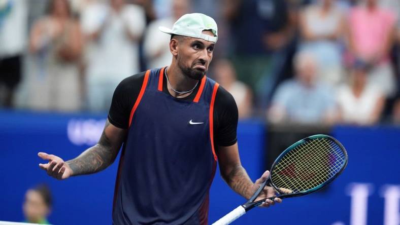 Sep 4, 2022; Flushing, NY, USA; Nick Kyrgios of Australia reacts to defeating Daniil Medvedev on day seven of the 2022 U.S. Open tennis tournament at USTA Billie Jean King Tennis Center. Mandatory Credit: Danielle Parhizkaran-USA TODAY Sports