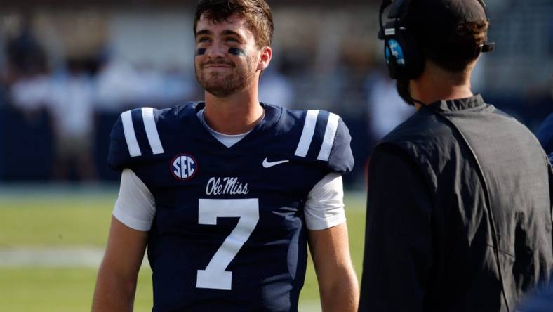 Luke Altmyer (7), pictured last season at Ole Miss, won the starting QB job at Illinois. Mandatory Credit: Petre Thomas-USA TODAY Sports